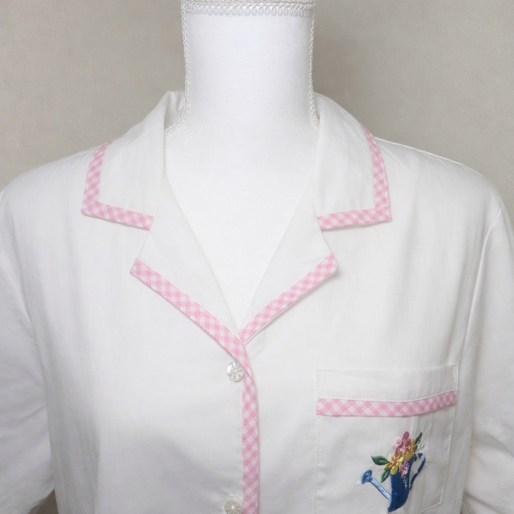 Alfred Dunner 90s Vintage NWT White Button Down Shirt Pink Gingham Floral Pocket - Picture 3 of 10